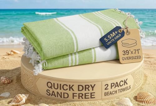 LANE LINEN Turkish Beach Towel 2 Pack, Oversized Beach Towel 39"x71", Lightweight Beach Essentials for Women, Large Pool Towel, Absorbent & Quick Dry, Sand Free Beach Towel - Jade Lime - color: 12: Jade Lime, size: Pack of 2