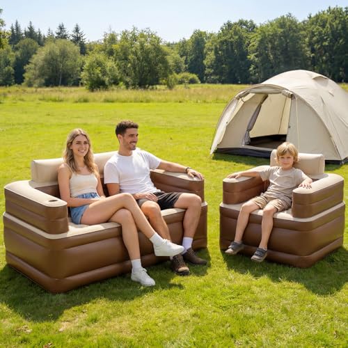 Inflatable Couch Set with Cup Holders & Pump, Velvety Air Sofa (1 Loveseat 60"x32"x34" & 1 Chair 41"x32"x34") for Camping & Home - size: L+1 Set