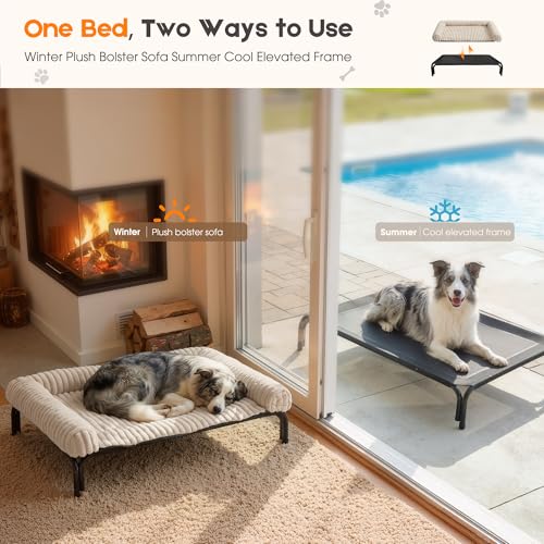 Elevated Dog Bed with Removable Fluffy Pillow Cushion, Raised Pet Cot Washable Bolster, Dog Couch Sofa, Anti Slip Feet, Breathable Mesh, Cream, 43"×32" - color: cream, size: L(43"×32"×8")