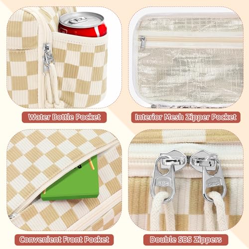 Insulated Lunch Bag for Girls & Boys, Kids & Teens – Cute Checkered Lunch Box with Side Pockets, Buckle Handle for Backpack Hanging, Lightweight Waterproof Lunchbox for School, Teens, Women & Man ﻿ - color: Checkered Beige Brown-Kid