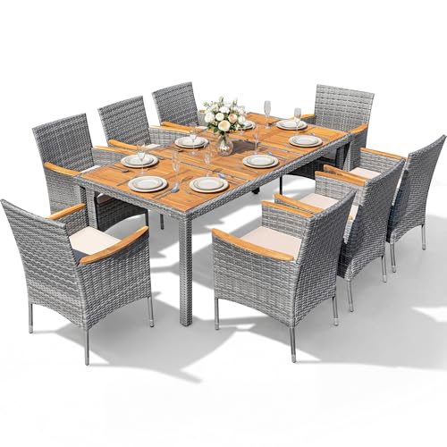 Devoko Outdoor Patio Dining Sets 9 Pieces Wicker Outdoor Dining Table and Chairs Set with Acacia Wood Table Top and Widened Armrests for Backyard, Garden, Deck (Grey) - color: Grey, style: 9 Piece Dining Set