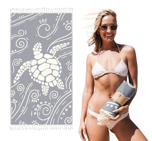 WEKAPO Turkish Beach Towel 39"x71" Oversized, 100% Cotton, Ultra Absorbent & Sand Resistant, Extra Large Beach Towel, Perfect for Beach, Bathroom, Pool, Travel (Grey Sea Turtle)