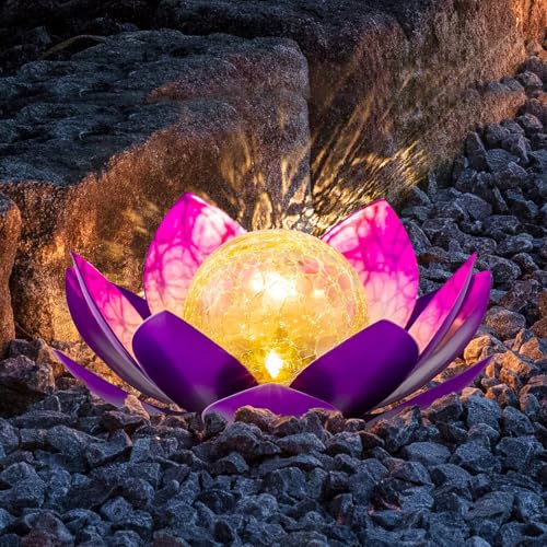 AIINY Solar Light Outdoor(2Pack), Art Crackle Globe Glass Lotus Decoration, Solar LED Waterproof Purple Metal Flower Lights for Patio,Lawn,Walkway,Tabletop - color: Purple