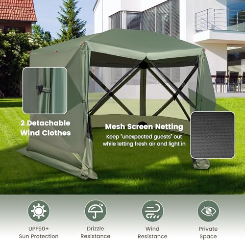 Tangkula 11.5x11.5 Ft Pop Up Gazebo with Netting, Portable Screen Tent with 6 Sided Mesh Walls, 2 Sunshade Cloths, Outdoor Instant Canopy Shelter with Carry Bag for Camping, Lawn, Backyard - color: Green, size: 11.5x11.5 Ft