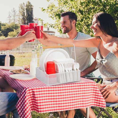 Paper Plate Organizer with Handle for Countertop, Metal Silverware Caddy for Cup, Napkin, Fork and Spoon, Paper Plate and Utensil Holder, Cutlery Caddy for Party, Camping, Picnic (White)