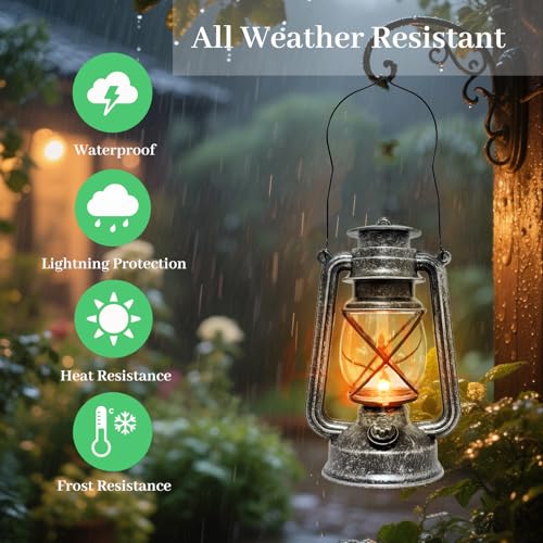 Vintage LED Outdoor Lantern Battery Powered Lanterns with Flame Wick Waterproof Camping Lamp Non-Solar Hanging Lantern Lights Landscape Decor for Indoor/Outdoor Use- Silver Color - style: Silver color