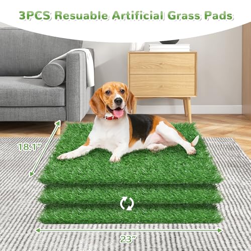 25" x 20" Dog Grass Pad with Tray, 3PCS Washable Artificial Grass Pee Pads for Indoor Dog Potty, Portable Reusable Pet Toilet for Small/Medium Dogs, 3-Layer System - size: M 25x20x3.2IN-3 Grass Pads