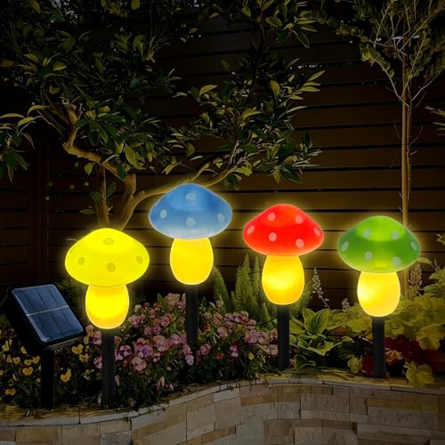 4Pcs Mushroom Solar Lights Outdoor, Waterproof Fairy Houses Light Mushroom Garden Decor Decorative Solar Powered Garden Stake Lights for Outside Lawn Walkway Patio Yard (Red/Yellow/Green/Blue) - color: Multicolor