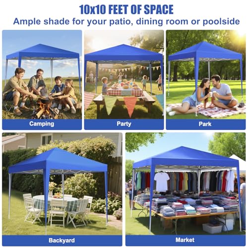 Yesker 10x10 Pop Up Canopy Tent UPF 50+ Waterproof Outdoor Canopy Portable Folding Easy Setup Gazebo Adjustable Height Instant Sun Shade Tent with Wheeled Bag for Events Parties Camping Patio, Blue - size: 10x10FT Blue