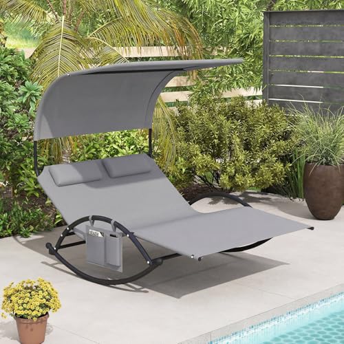 HAPPYGRILL Outdoor Chaise Lounge Rocker, 2-Person Rocking Daybed Sun Lounger with Sun Shade Canopy & Headrest Pillows, Hammock Bed Loveseat with Heavy-Duty Metal Frame for Patio, Backyard, Poolside