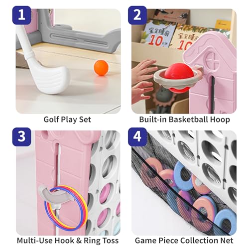 UNICOO Adjustable Height Giant 4-in-a-Row Game with Carry Bag, 4-in-1 Jumbo 4-to-Score Yard Game with Basketball Hoop, Ring Toss & Golf Set, Indoor Outdoor Family Party Game for Kids & Adults - color: Pink & White