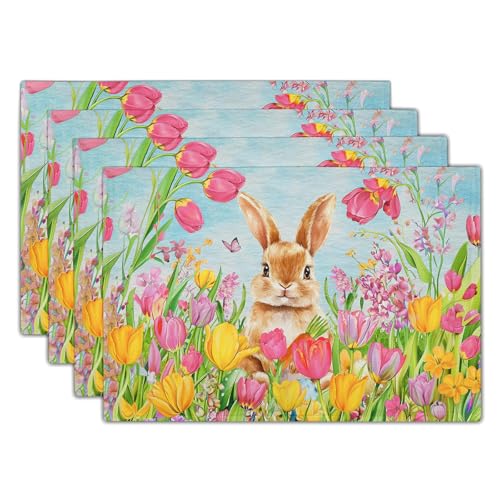 Easter Bunny Placemats Set of 4, 12x18 Inch Colorful Painting Tulip Flowers Rabbit Place Mat Heat Resistant Washable Rectangle Dining Table Mat Farmhouse Kitchen Holiday Decor - color: Bunny Tulip Flowers