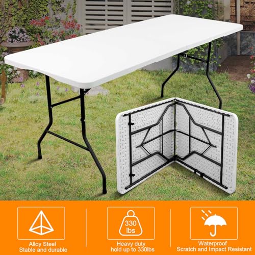 6ft Folding Table, Portable Heavy Duty Plastic Fold-in-Half Utility Table for Indoor/Outdoor Use, Dining, Camping, Picnic, Party, White - color: White