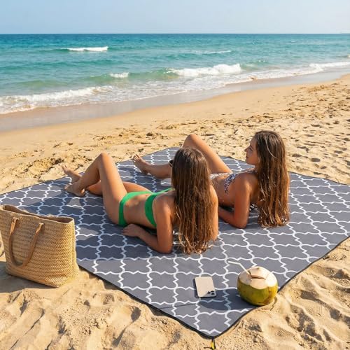 Beach Blanket Waterproof Sandproof, 79 x 79in Large Beach Mat for 1-3 Adults, Quick Drying Lightweight Durable Outdoor Picnic Mat with Stakes for Travel Camping Hiking (Grey)