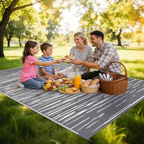 HEBE Outdoor Rug 5'x8' Waterproof, Reversible Plastic Straw Patio Rug Camping Mat, Indoor Outdoor Area Rug Carpet for Patios, Deck, Porch, RV, Camping, Picnic, Balcony - color: Stripe/Grey, size: 5' x 8' (Rectangular)