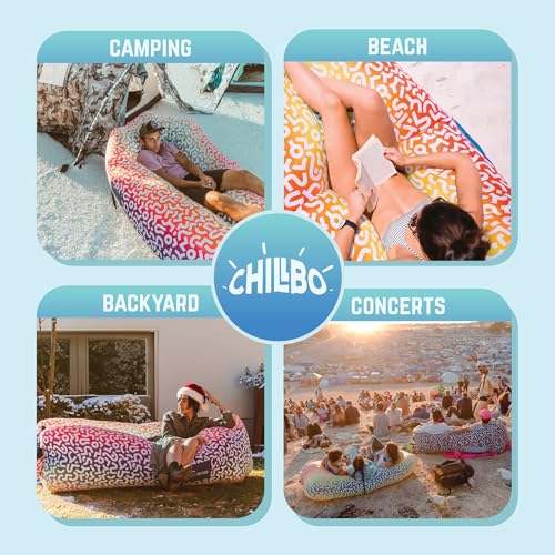 Chillbo Inflatable Couch – Unique Designs - No-Pump Setup, Ripstop Polyester, Stability Pegs, Fun Prints - Portable Air Inflatable Lounger for Beach, Camping, Festivals, and Tailgating - color: Rainbow Swizzle, size: Large