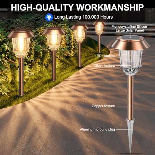 XMCOSY+ Solar Pathway Lights Outdoor - 6 Pack Solar Lights Outdoor Waterproof, 10-40 LM Dimmable Auto On/Off Solar Outdoors Lights Yard Garden Walkway Driveway (Warm White) - color: Copper, size: 6 Packs