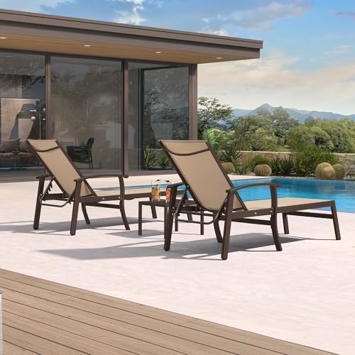 PURPLE LEAF Outdoor Chaise Lounge Chair Set of 3 Patio Pool Lounger Aluminum Chairs with Side Table and Wheels Adjustable Tanning Recliner with Armrests for Outside Backyard Deck Beach, Pebble Gray - color: Pebble Gray, size: Standard Upgrade