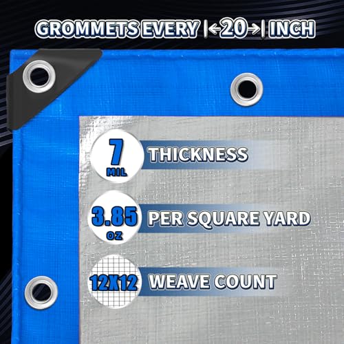 Tarp 6x8 Feet, 7 Mil Thick Waterproof Poly Tarps Cover UV Resistant, Rip & Tear Proof with Metal Grommets Every 20 Inche (Blue/Silver) - color: Blue/Silver, size: 6x8 Ft