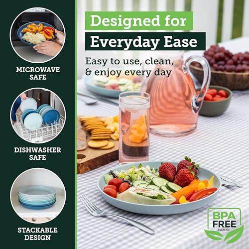 Grow Forward Premium Wheat Straw Plates - 10 Inch Reusable Hard Plastic Dinner Plates Set of 8 - Unbreakable Microwave Safe Plates for Dessert, Camping, RV, Outdoors, Patio, Kitchen Dishes - Seascape - color: Seascape, size: 10 inch