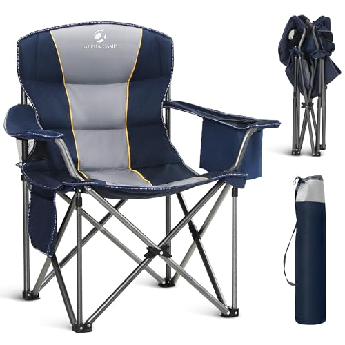 ALPHA CAMP Oversized Folding Camping Chair, Heavy Duty Portable Lawn Chairs with Cooler Bag, Side Pocket & Cup Holder, Folding Chairs for Outside Support 450 LBS - color: Blue, size: Single Pack