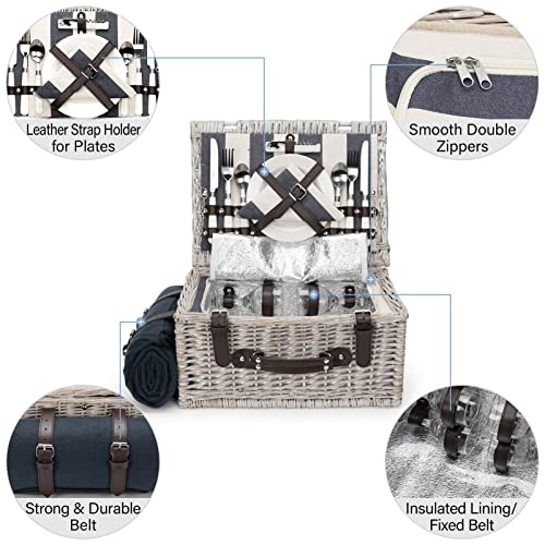 Picnic Basket Sets for 4 Persons with Insulation Layer,Waterproof Picnic Blanket, Tableware for Family,Party,Outdoor Living,Camping - color: Grayish White Color for 4 Persons