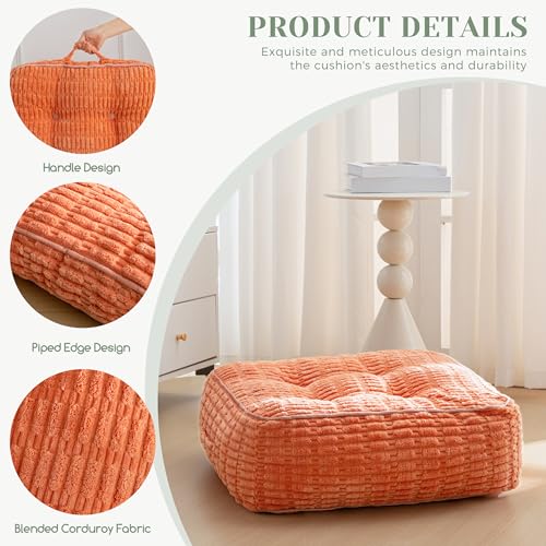 8" Washable Floor Pillow Cushion for Adults, Meditation Cushion Pillow, Removable Tufted Blended Corduroy Cover, Large Square Floor Sitting for Tatami Living Room or Yoga, 22x22 Inch, Machine Washable - color: Square Coral, size: 8" Thick(Pack of 1)