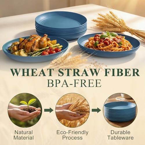 Deep Dinner Plates 10 Inch, Plastic Plates Reusable, Unbreakable Wheat Straw Plates Set of 8, Microwave and Dishwasher Safe Serving Plate for Main Course - Blue - color: Blue, size: 10 Inch