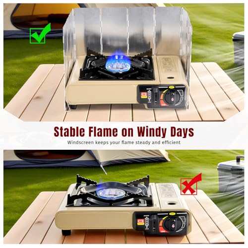 SHINESTAR Dual Fuel Camping Stove with Butane & Propane Compatibility, Portable Stove for Outdoor Cooking, Propane Adapter Hose, Wind Guard and Carrying Case Included (Fuel Not Included) - color: Khaki - 7800 BTU Dual Fuel with Windscreen