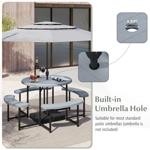 Giantex Picnic Table Bench Set for 4-8 Person, Round 37” Outdoor Dining Table w/Umbrella Hole, HDPE Tabletop, Metal Frame, Patio Furniture Set for Backyard Porch Lawn, 1400lb Capacity (Gray,Round) - color: Grey, size: Round-37"x37"x29"