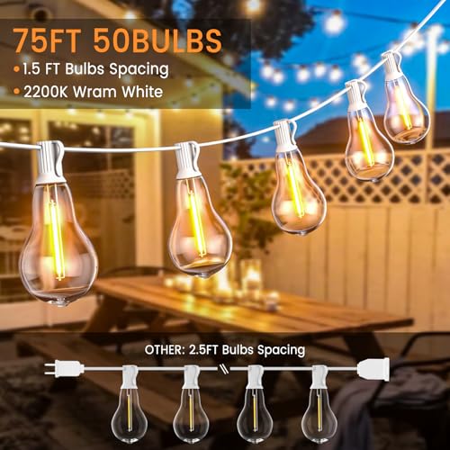 Outdoor String Lights 75FT LED Patio Lights 53 Plastic Edison Bulbs (3 Spare) with Remote Waterproof Patio Lights, Dimmable Outside Hanging Light Connectable for Porch Backyard, White - color: White, size: Remote Control Model -75ft-50t
