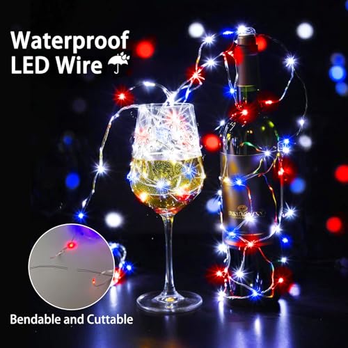 4th of July Decoration Lights, 3 Pack Red White and Blue Fairy Lights Battery Operated with Remote & Timer, Waterproof Patriotic Light Indoor Outdoor 8 Modes for Independence Day Anniversary Memorial - color: Red & White & Blue, size: 3 Pack 80led