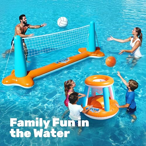 JOYIN Pool Toys Games Set-Inflatable Pool Float Set Volleyball Net & Basketball Hoops, 2 in1 Floating Swimming Game Toy, Volleyball Swimming Pool Game for Kids and Adults, Backyard Beach Summer Toys - color: Orange, size: Large