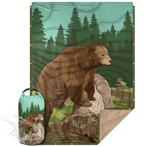 Outdoor Camping Blanket with Sherpa Lining, Extra Warm Thick Camp Blankets and Puffy Ultralight Soft Poncho DWR Camping Quilt for Cold Weather, Adventure, Sleeping, Backpacking 78"x 56" - color: Wheat Green, size: 78 x 56 inches