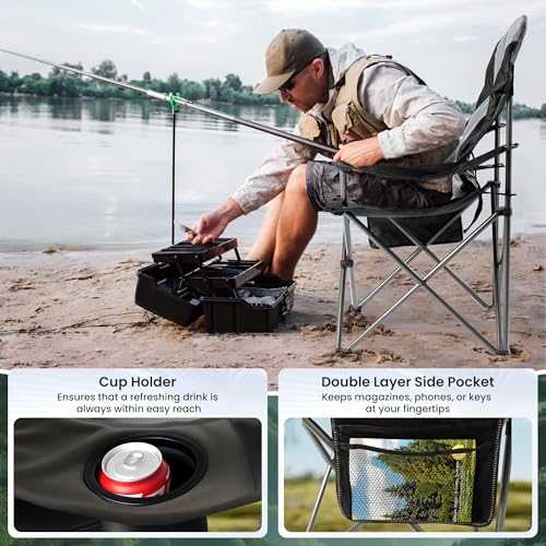 2 Pack Folding Camping Chairs for Adults - High Back Padded Outdoor Lawn Chairs with Lumbar Support & Cup Holder, 400lbs Heavy Duty Portable Camping Chairs Set (Black & Gray, 2 Pack) - color: Black & Gray, size: 2 pack