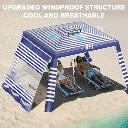 Rhino Valley Beach Cabana, 8 * 8FT Beach Tent UPF50+ Protection, Easy Setup Beach Canopy Wind Resistant with Cup Holder, Compact Beach Shade Foldable Beach Tent Sun Shelter, Blue Stripes - color: Blue Stripes