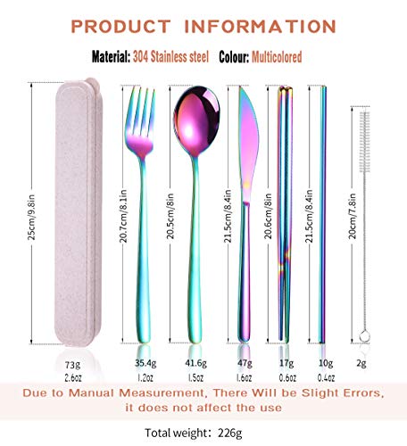 AARAINBOW 6 Pieces 18/8 Stainless Steel Flatware Set Portable Reusable Cutlery Set Travel Utensils Set Including Chopsticks Knife Fork Spoon Straws Cleaning Brush Dishwasher Safe (Multicolored) - color: Multicolor