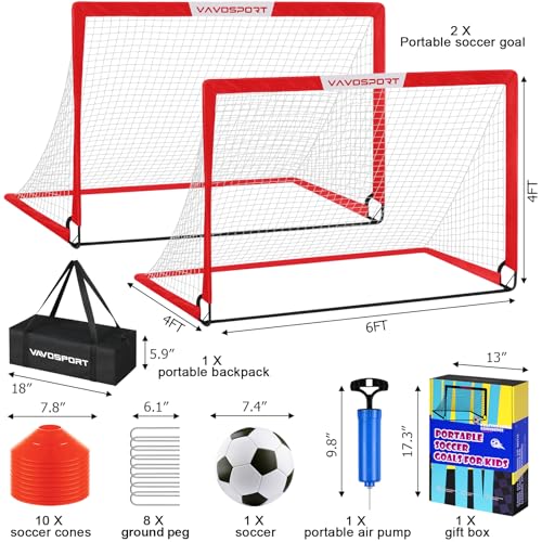 VAVOSPORT Soccer Goal, 2 of 6'x4' Kids Soccer Goals for Backyard Set, Portable Pop Up Soccer Net, Practice Soccer Training Equipment with Ball, Cones for Toddler,Youth Sports Outdoor Games Yard Play - color: Red