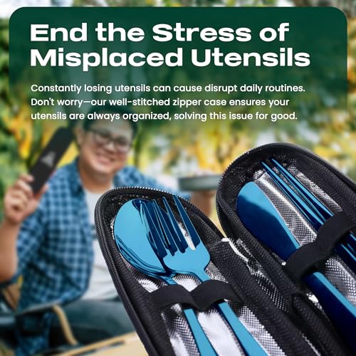 Taplord Portable Travel Silverware Set With Case, Includes 5 Pcs of Travel Utensils With Case, Stainless Steel Flatware Set For Camping, Easy to Travel, Lightweight (Blue) - color: Blue, size: 5 Pieces