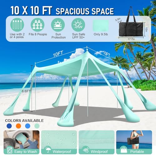 Beach Tent Sun Shelter Beach Canopy Tent Sun Shade Pop Up 10x10 UPF50+ with 8 Sandbags-2 Sand Shovel-Portable 4 Aluminum Poles-Ground Pegs-Easy Setup for Outdoor Family Camping Fishing Picnic - color: Turquoise