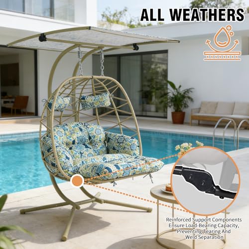Double Egg Chair Outdoor with Stand & Canopy,Hanging Loveseat Hammock Swing Chair with Leg Rests & UV Resistant Cushion,Patio Swinging Chair,600LBS Capacity for Bedroom Balcony Garden - color: Double Chair & Footrest & Canopy, size: Khaki Frame&Khaki Cush