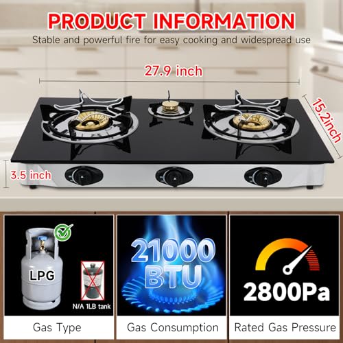Propane Gas Cooktop,3 Burners Gas Stove portable, 0.28"Tempered Glass, Auto Ignition Camping 3 Burner LPG for RV,Apartments,Outdoor