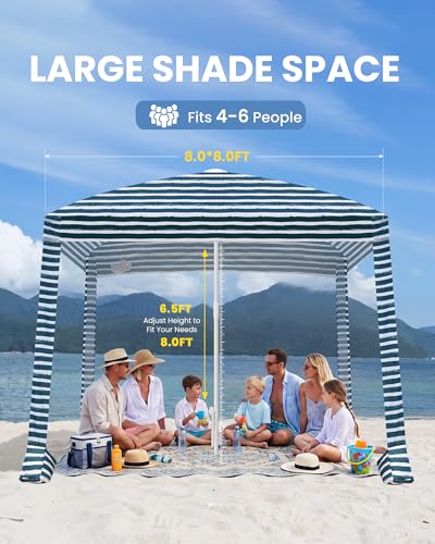 Qipi Beach Cabanas for Sand, Beach Canopy with Sandbags & Side Wall for Family, Easy Set Up Sun Shelter, UPF 50+ UV Protection with Roof Vent - color: 8' x 8' Sailor Stripes Dual-Fold