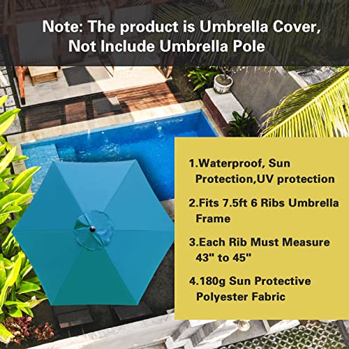 Sunnyglade 7.5ft Patio Umbrella Replacement Canopy Market Umbrella Top Outdoor Umbrella Canopy with 6 Ribs - color: Teal Blue