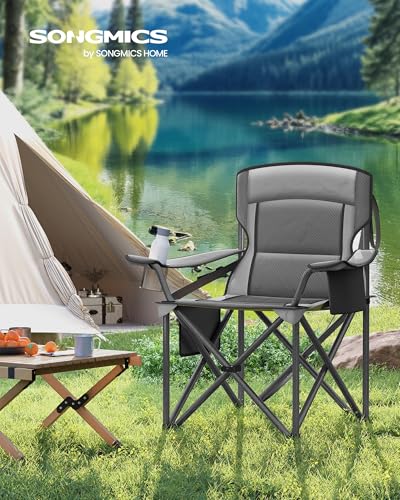 SONGMICS Oversized Lumbar Support Camping Chair, Heavy-Duty Outdoor Folding Chair Comfortable, Padded, Glamping, Cooler Bag, Weight Capacity 450 lb, Slate Gray UGCB066G01 - color: Grey, style: 1PC (24.8"D x 37.4"W x 39.2"H)