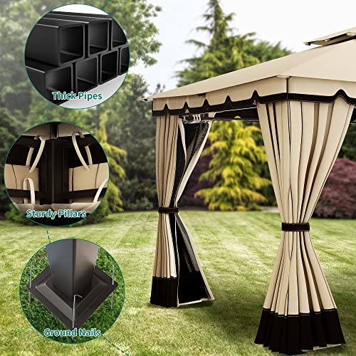 YITAHOME 10x12FT Patio Gazebo Event Shelters Outdoor Double Roof Canopy Gazebo w/Netting & Curtains, Soft Fabric Top Garden Winds Tent with Steel Frame Privacy Screens for Backyard, Garden, Lawn