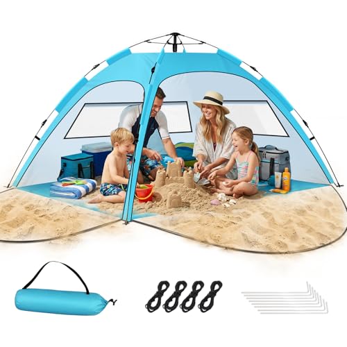 Beach Tent Sun Shelter – Pop Up Easy Setup in 3S Instant Tents for 4/5 Person Beach Umbrella Sun Shelter Shade, UV 50+ Protection, Wind Resistant, Lightweight Portable Baby Tents Shade for Family