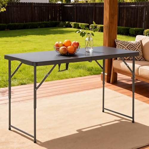 PayLessHere | 4FT Folding Table | Portable Plastic Table with Carry Handle | Waterproof & Foldable Table Design | Steel Frame with Lock | Black | for Events, Camping, Indoor & Outdoor Use - color: Black, size: 4 FT