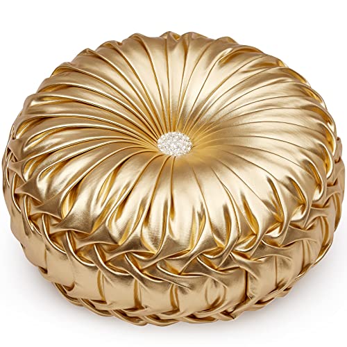 EUCIOR Gold Throw Pillows,Circular Pillow,Pumpkin Pleated Handmade Throw Pillows,Gold Pillows,Smooth Metallic Leather Decorative Pillows for Home Decor Bedroom Living Room Couch Bed Sofa - color: Gold