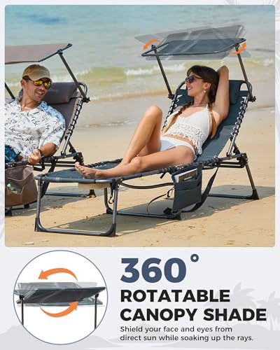 KingCamp Tanning Chair with Face Hole, Lounge Chairs Outdoor Folding Comfy Adjustable 5-Position Foldable Chaise Chaser with Canopy Shade for Outside Beach Patio, Blue/Grey - color: C*skyshade Canopy——blue/Grey Canopy, style: oversized